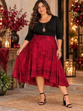 Catherines Red Abstract Print Hi Low Swing Maxi Skirt Plus Size 3X 26/28W NWT